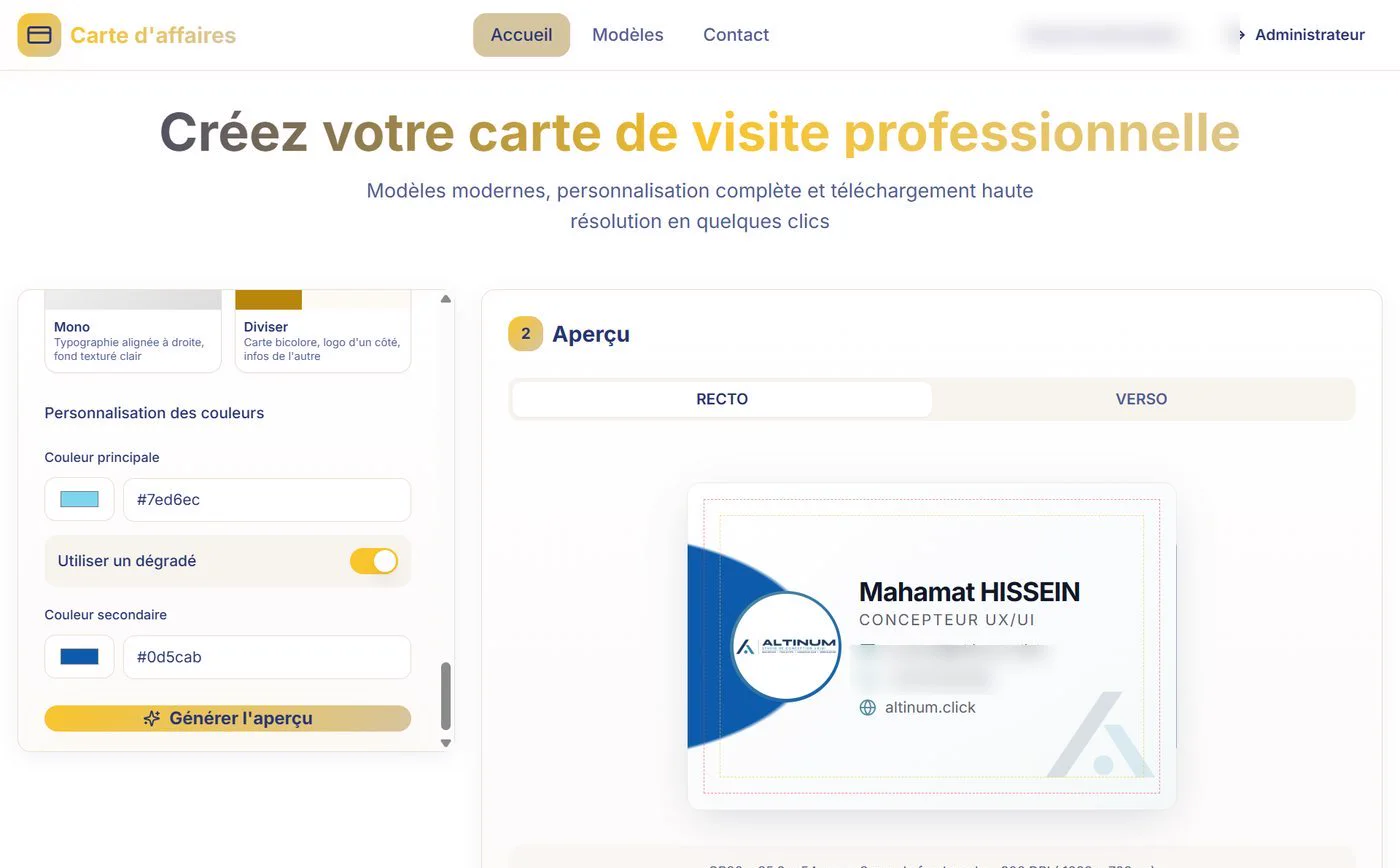 Capture de Bizcard, coordonnées floutées