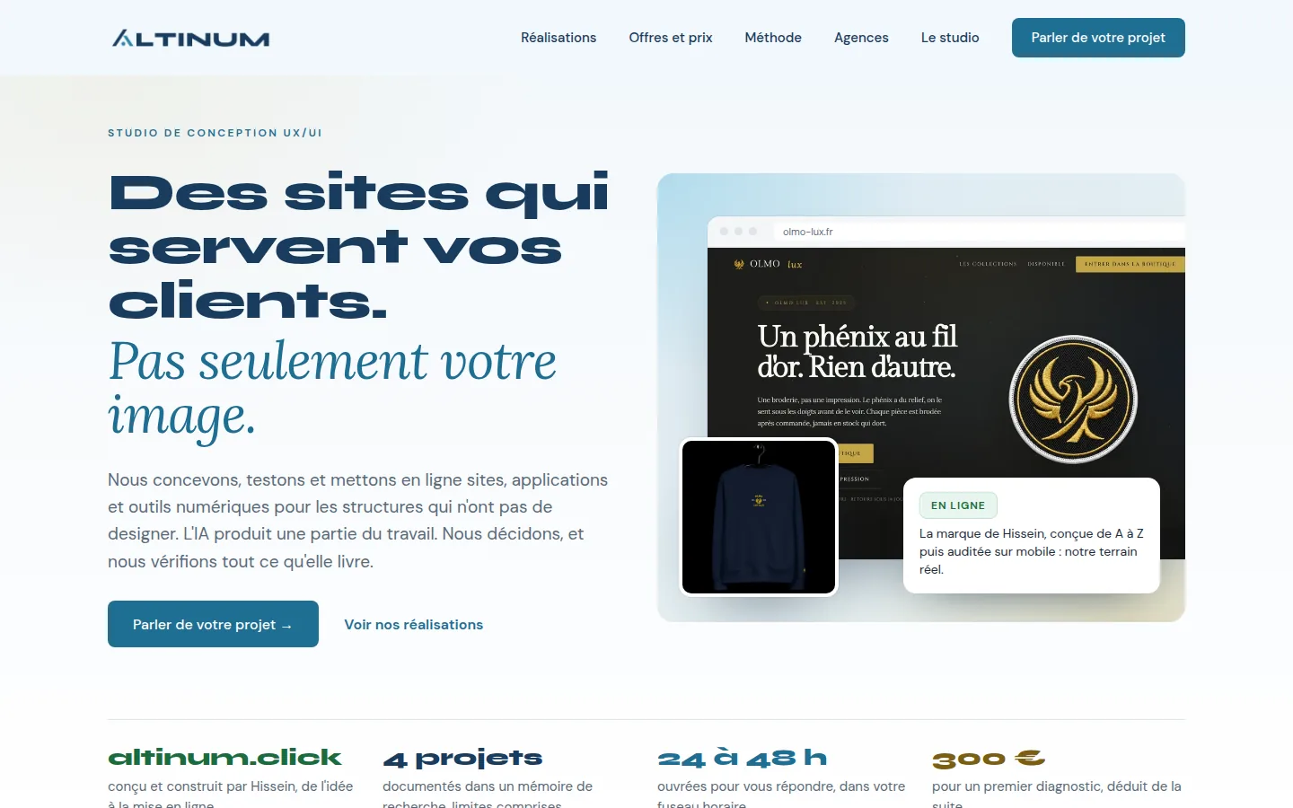 Page d'accueil du site altinum.click : « Des sites qui servent vos clients. Pas seulement votre image. », avec les quatre chiffres clés