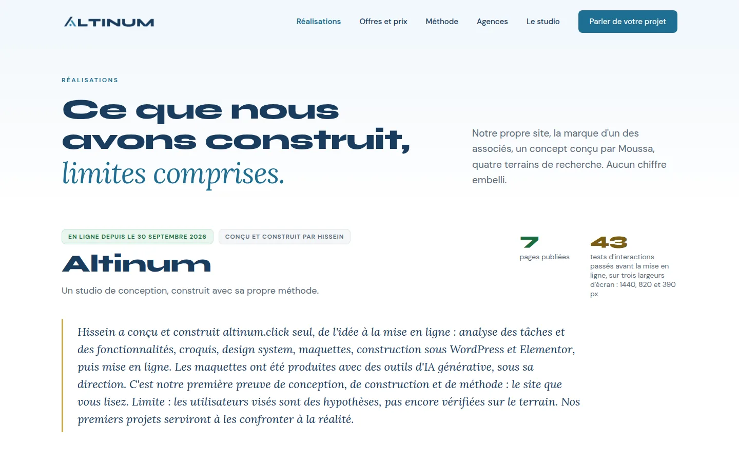 Capture de la page Réalisations d'Altinum : la section Altinum, notre propre site