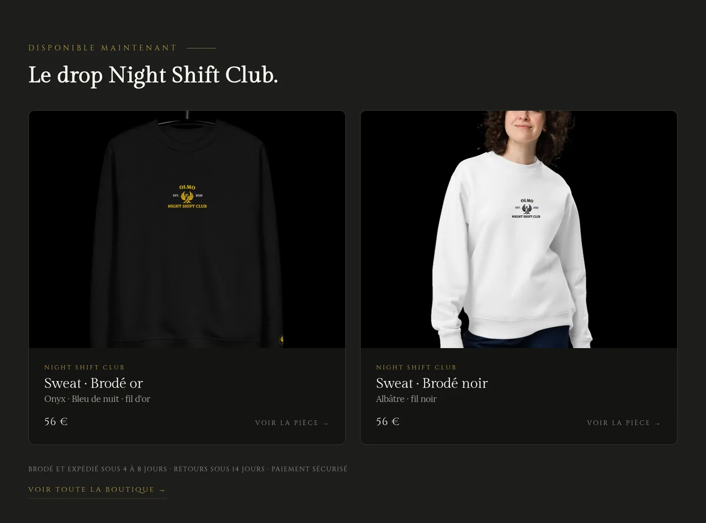 Section « Le drop Night Shift Club » de la landing page d'olmo-lux.fr