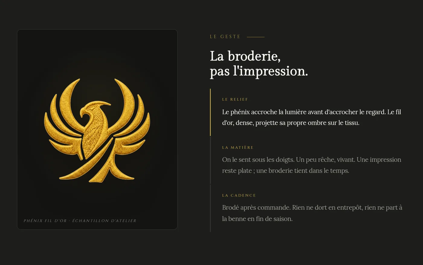 Section « La broderie, pas l'impression » de la landing page d'olmo-lux.fr